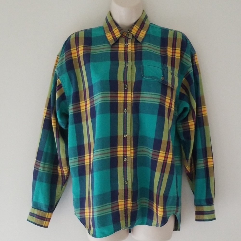 Liz Wear Womens Green Plaid Button Down Shirt S